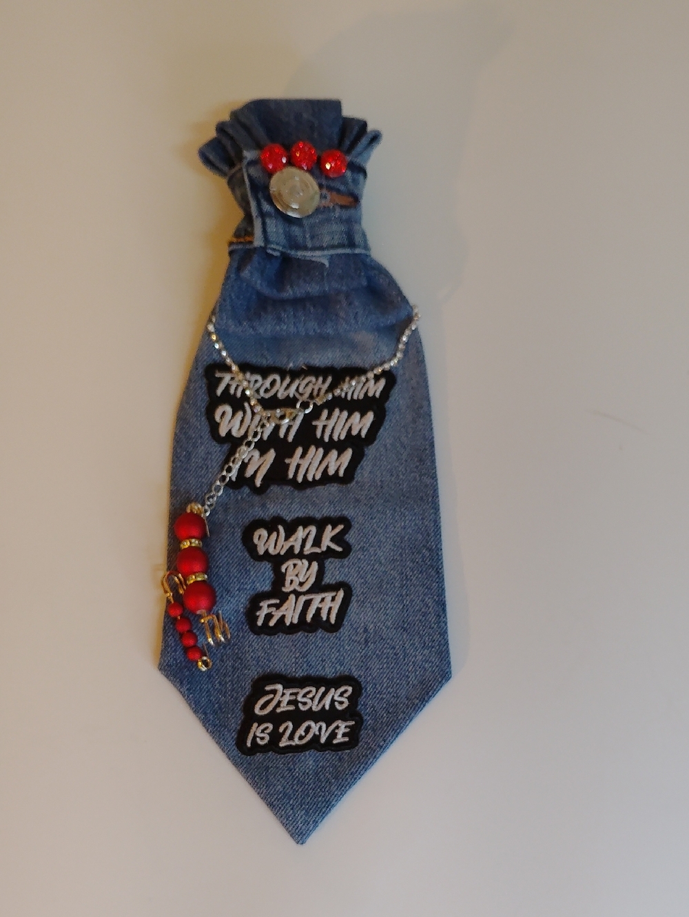 Denim Faith Statement Women’s Neck Tie with Red Bead Accent